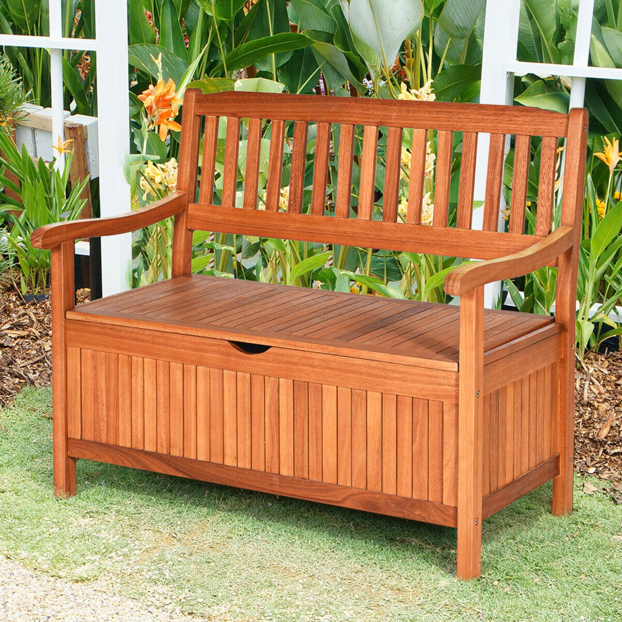 Gymax 42 Storage Bench Deck Box Solid Wood Seating Container Tools Toys W Backrest